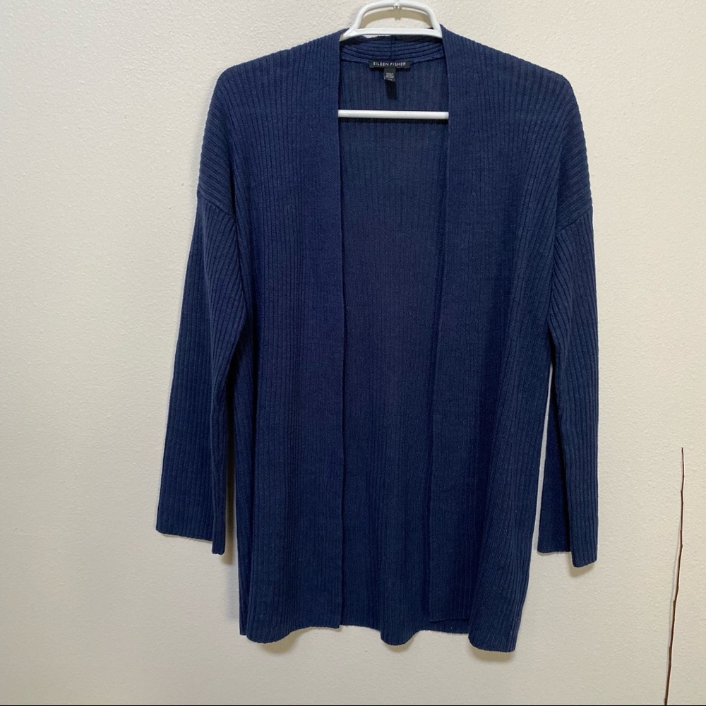 Eileen Fisher Navy Open-Front Ribbed Cardigan